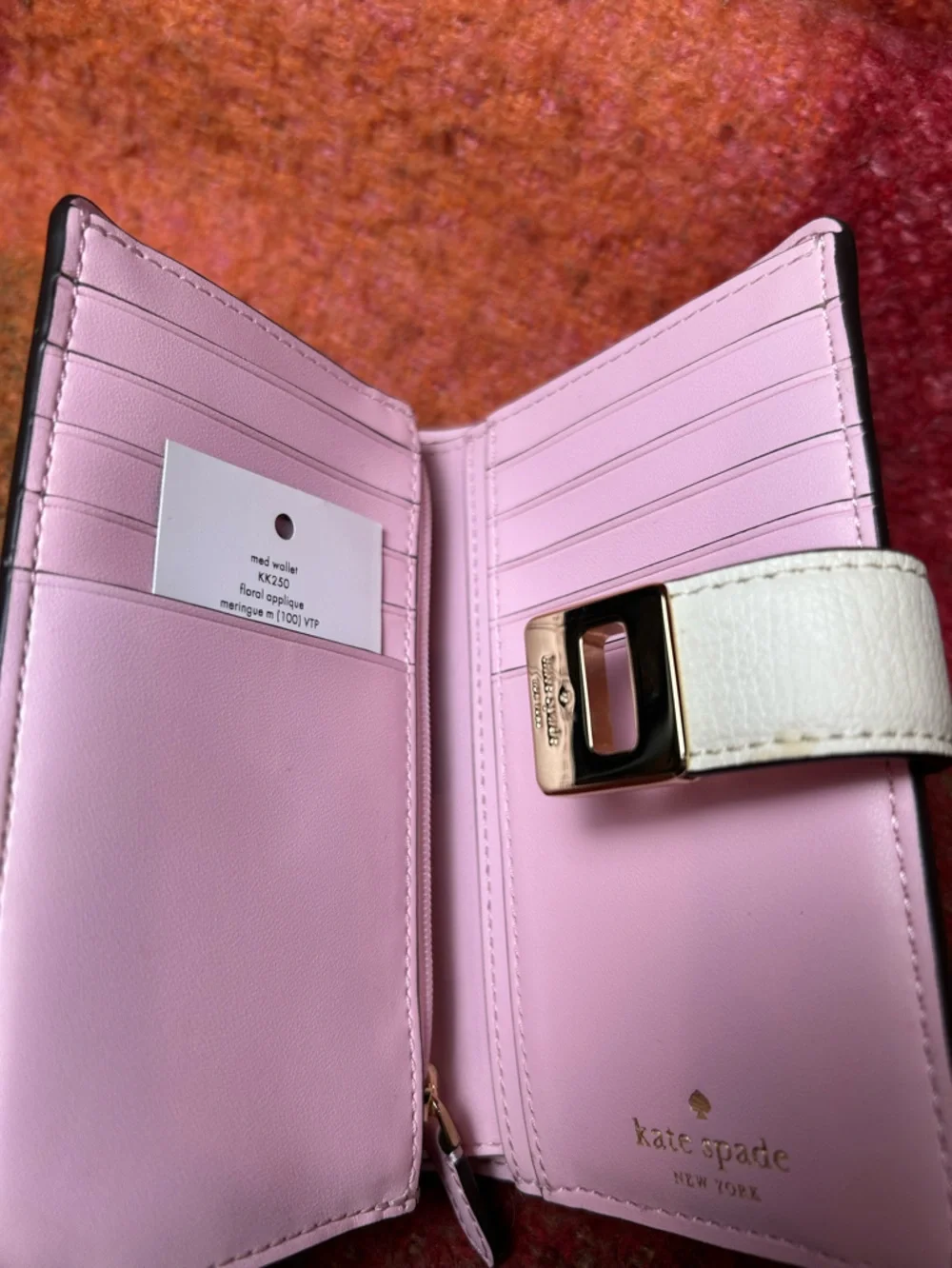 kate spade White Leather Wallet with Pink Floral Appliqué and Green Leaves